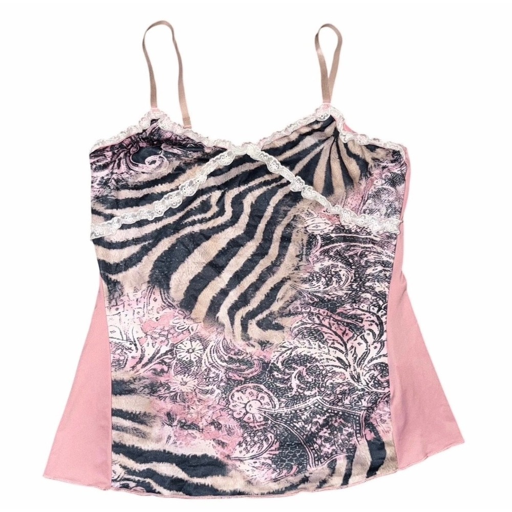 Vintage Y2K Mixed Print Lace Trim Cami Top Pink Zebra Floral Lingerie Grunge